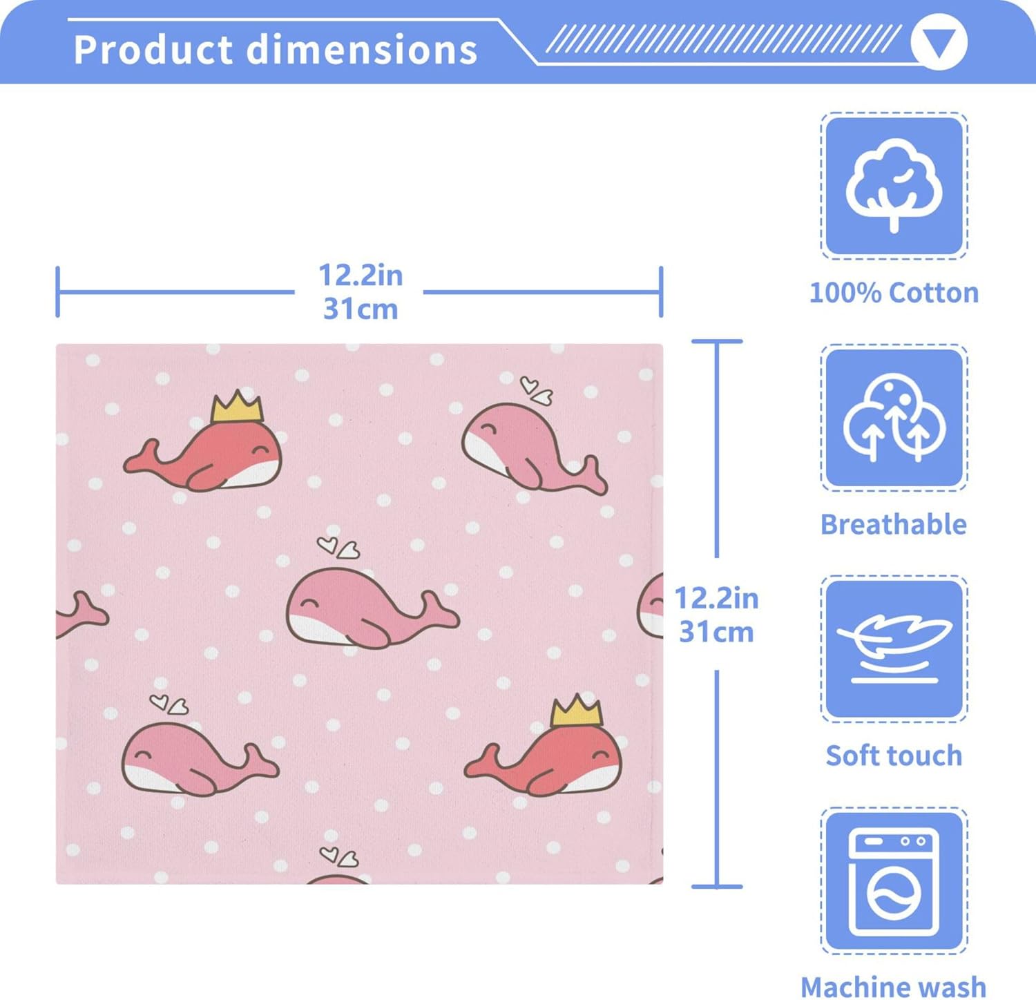 Xigua Cute Cartoon Whale Washcloths Set of 2 12 x 12 Inch Towels