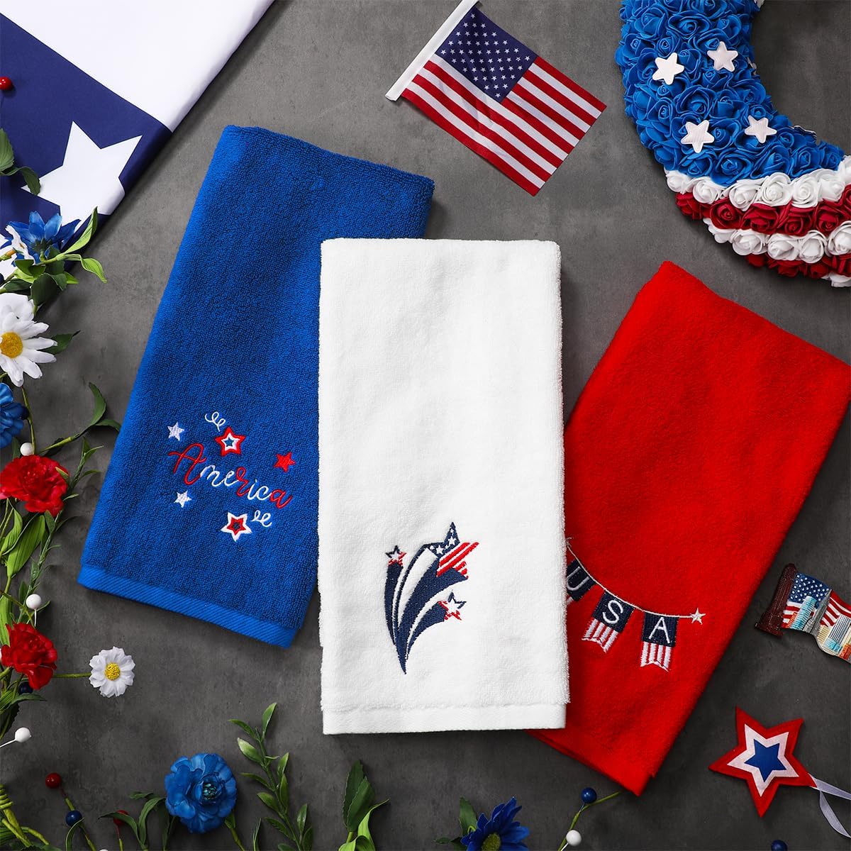 3 Pcs Patriotic 4th of July Hand Towels Red White Blue