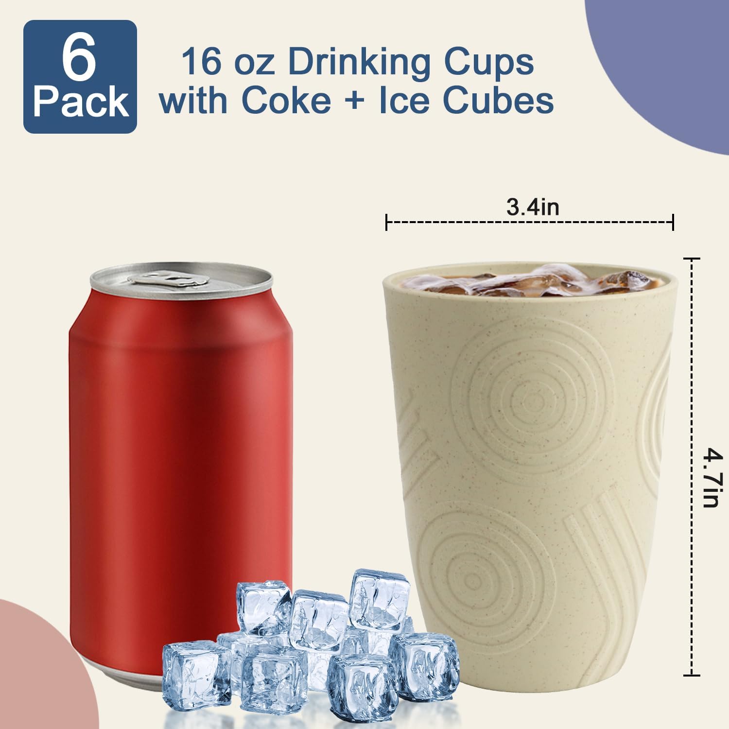 BUSOKIP Wheat Straw Cups 6 PCS Set 16 Oz Reusable
