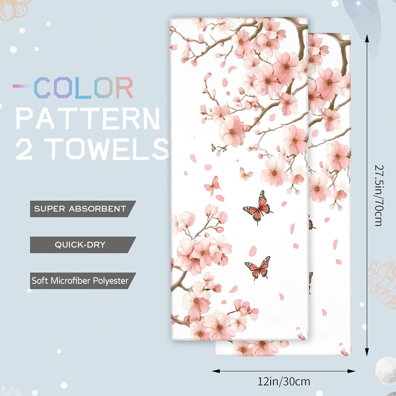 Cherry Blossom Hand Towels - 2Pack 145x28 Microfiber and Cotton Set with Butterfly Pattern