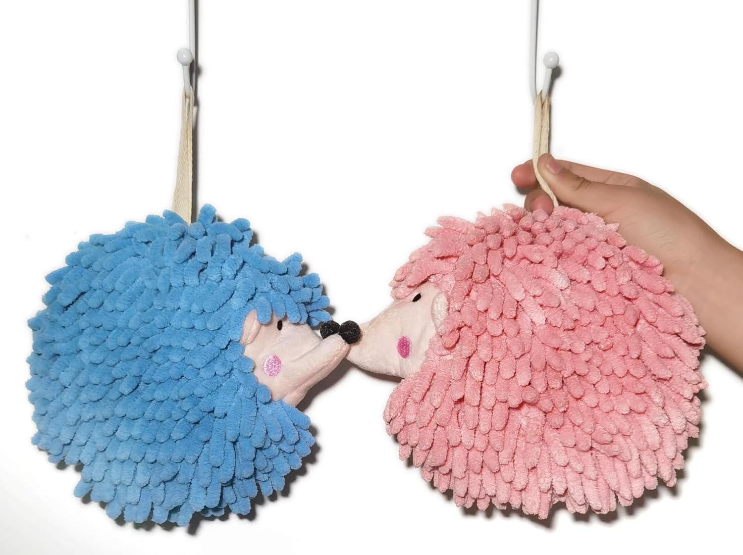 Fuzzy Ball Hand Towels Set of 2 Blue Pink