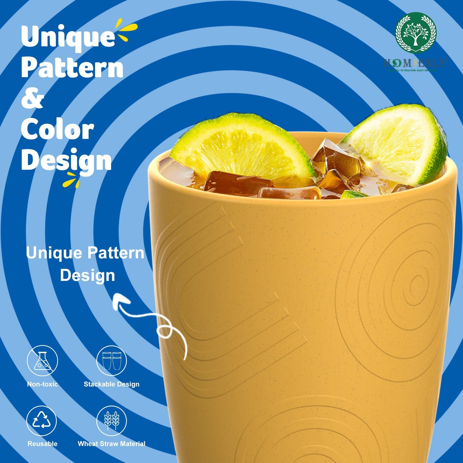 Homienly Reusable 8-Piece 12oz Yellow Wheat Straw Cups Microwave Dishwasher-Ready Unbreakable