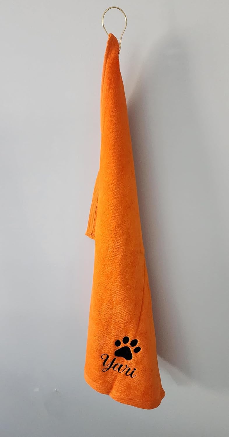 Personalized Dog Towel with Embroidered Name Clip Small Orange