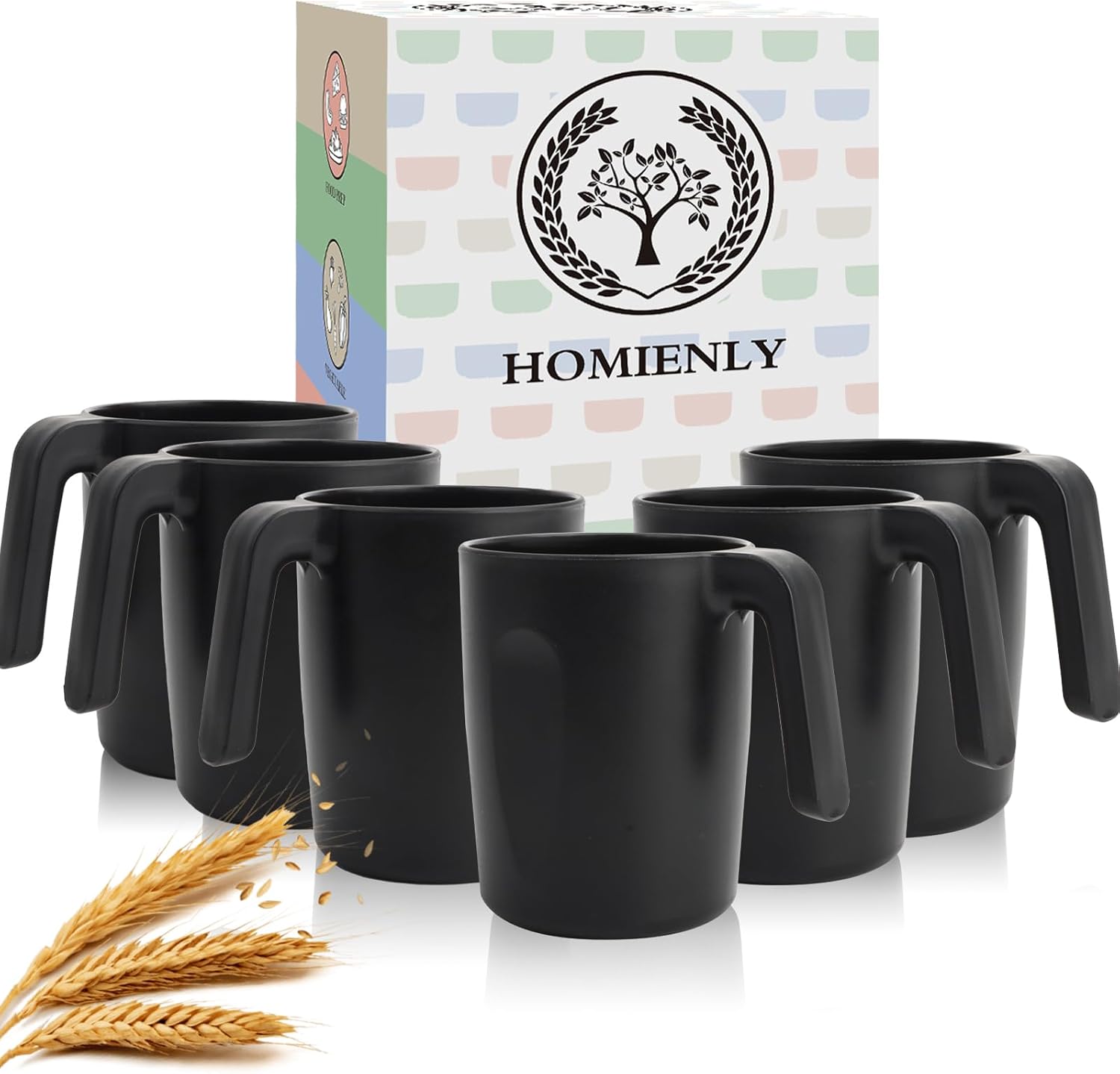 Homienly 6-Piece Reusable Wheat Straw Cups with Handle Black