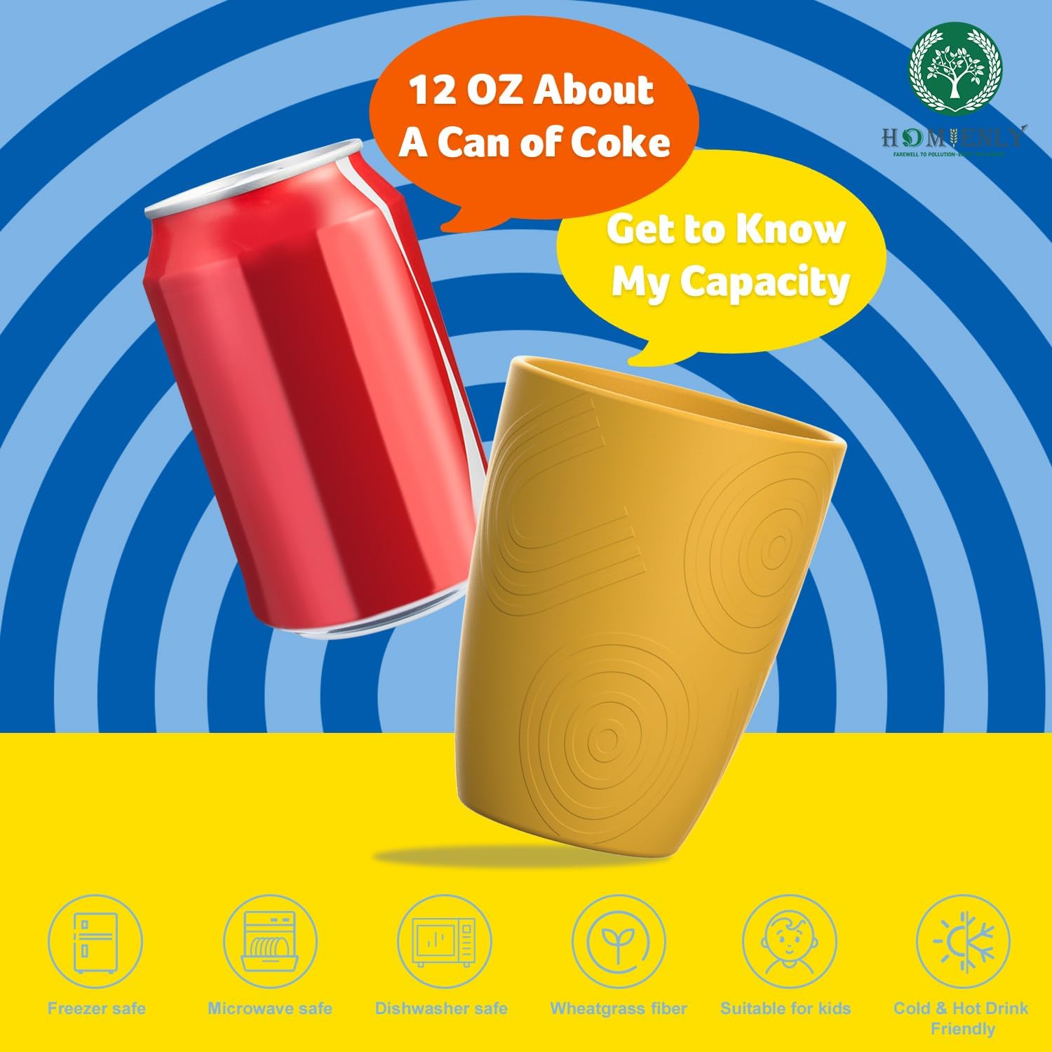 Homienly Reusable 8-Piece 12oz Yellow Wheat Straw Cups Microwave Dishwasher-Ready Unbreakable