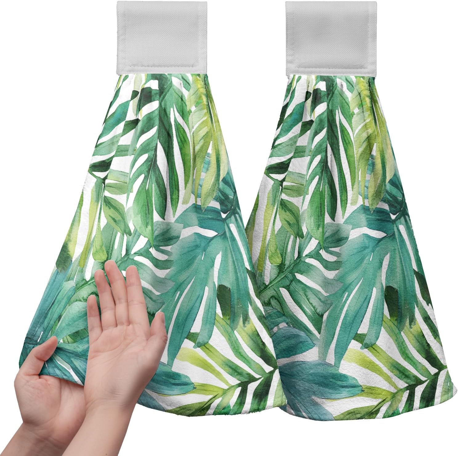 2-Piece Tropical Palm Leaves Towels with Hanging Loop Summer Green Dish Towels