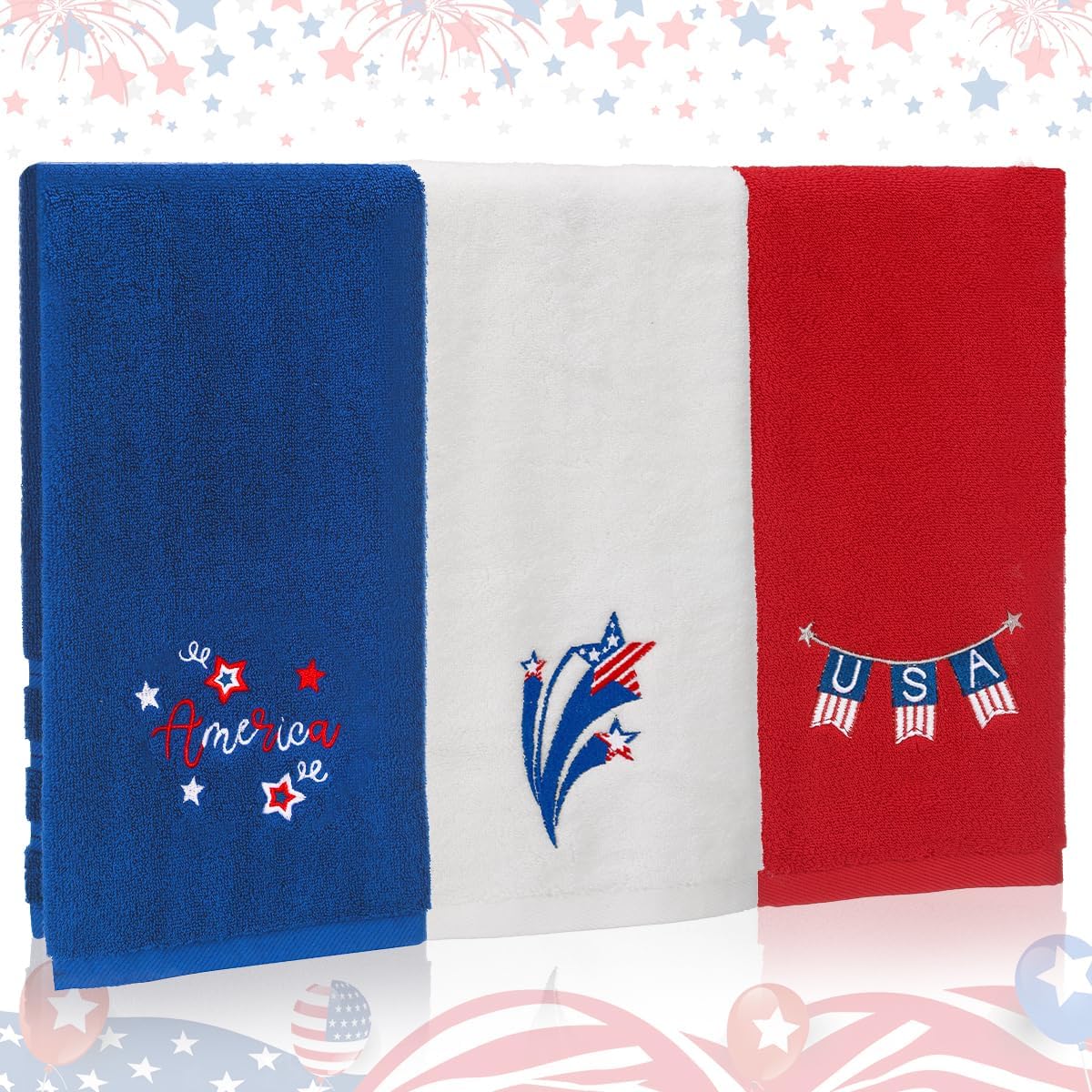 3 Pcs Patriotic 4th of July Hand Towels Red White Blue