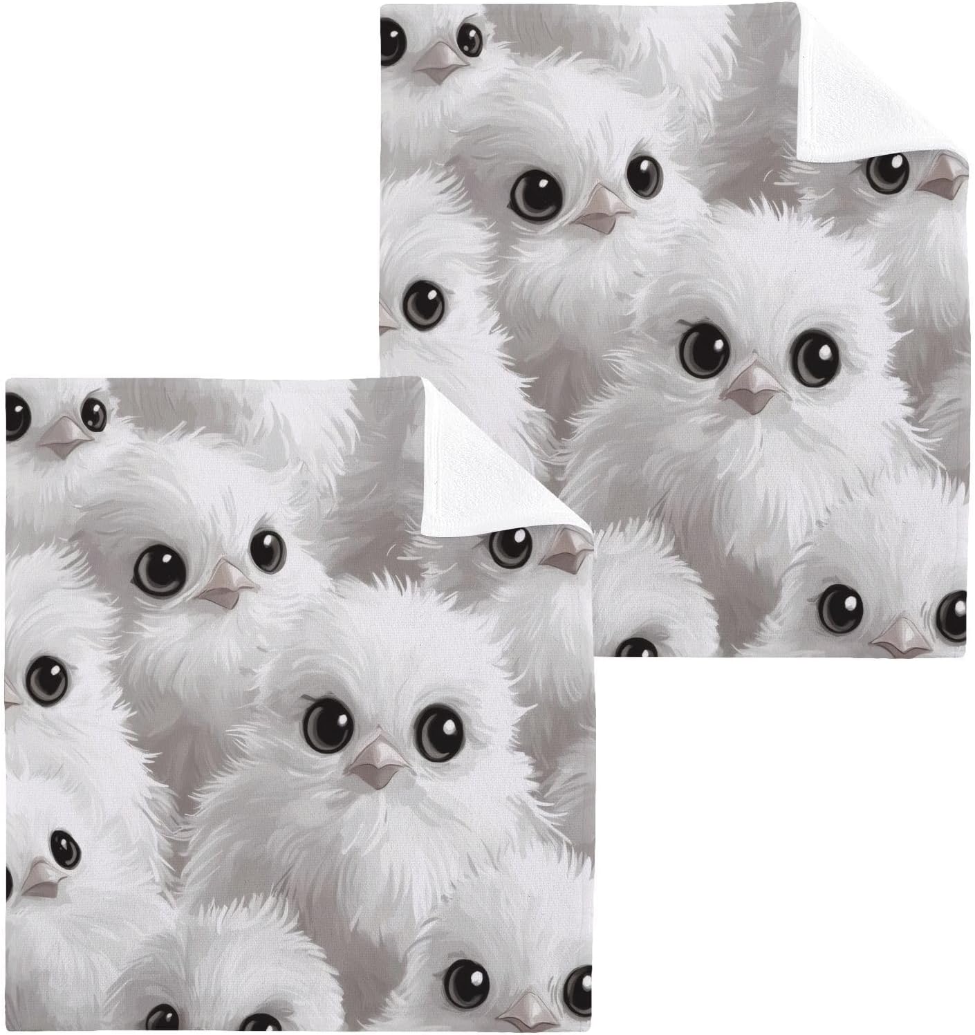 Cute White Chickens Washcloths Soft Cotton Face Towels 12x12 Inches 2 Pack