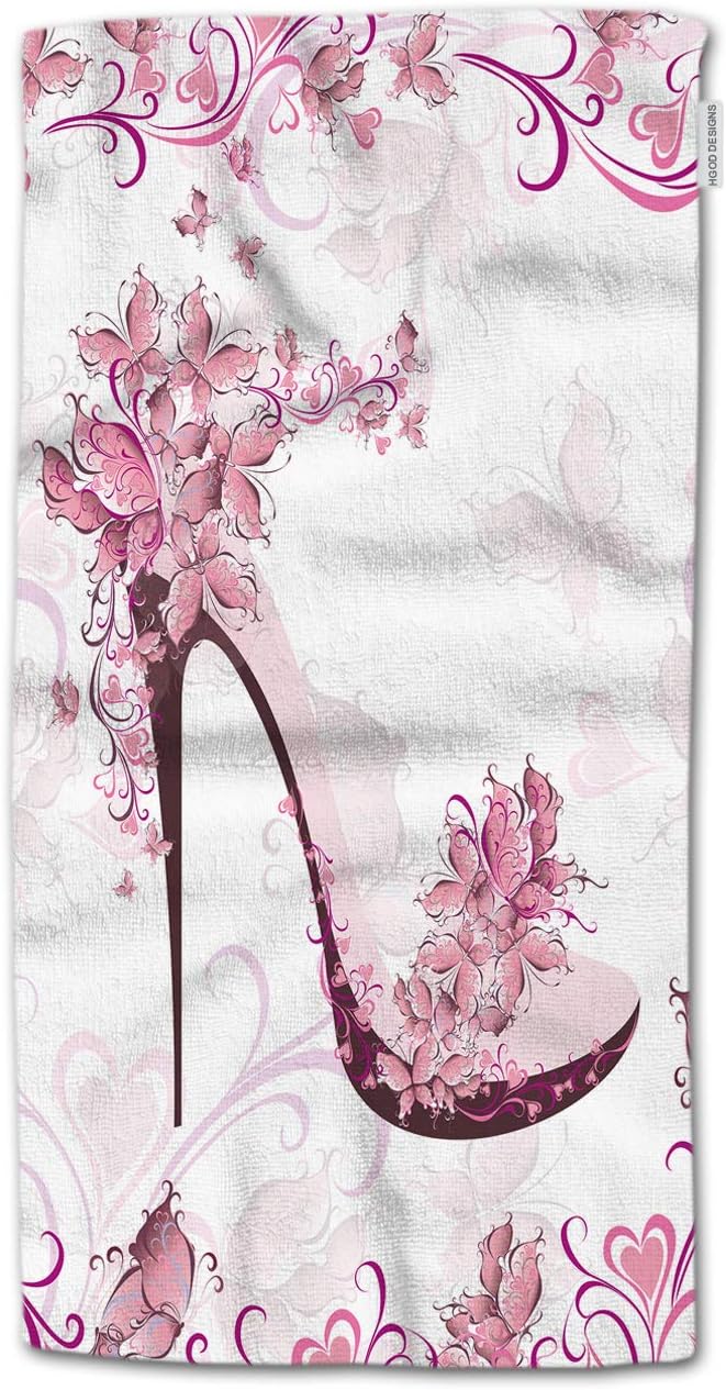 HGOD DESIGNS Pink Flower Hand Towels Pack of 4 Butterfly Design 15x30 Inches