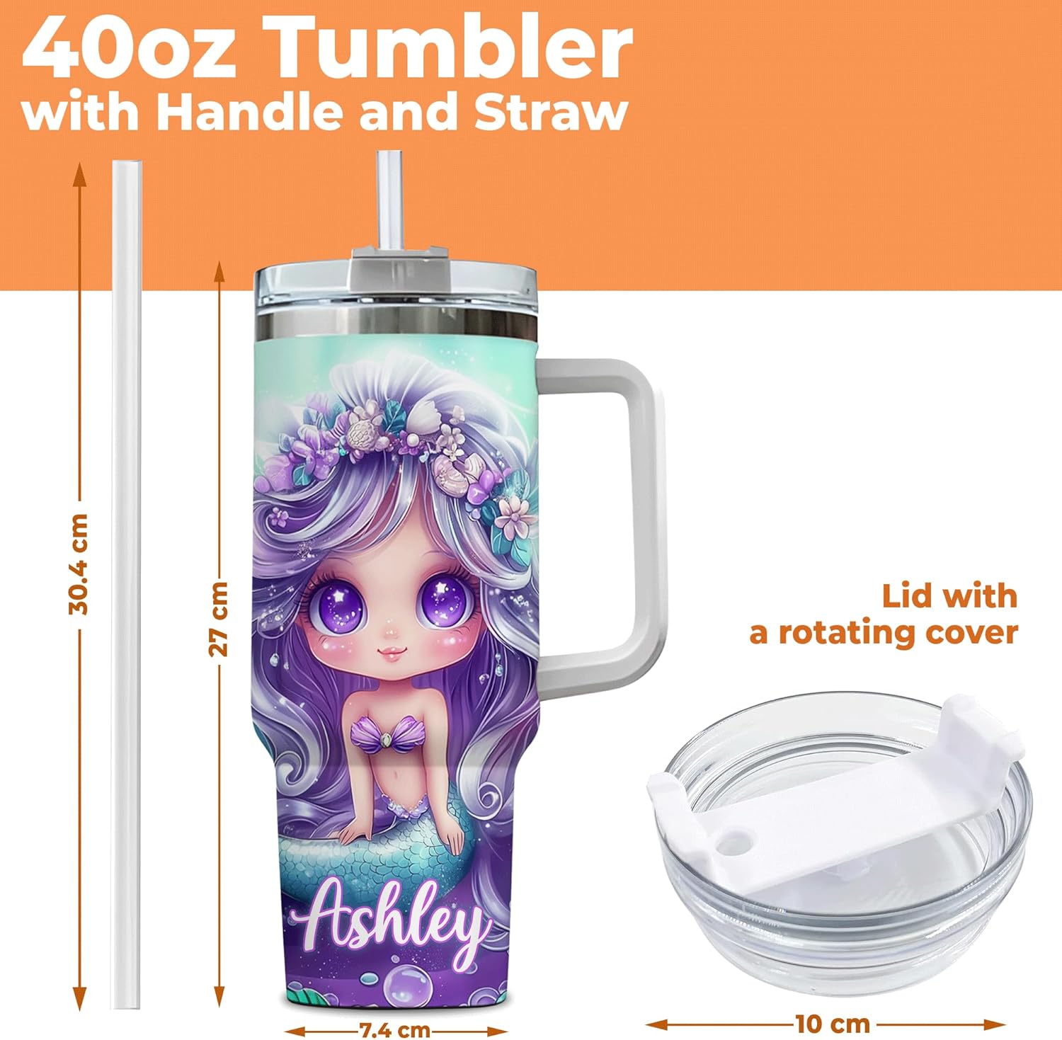 Personalized Mermaid Tumbler with Handle and Straw 40oz Premium Gift