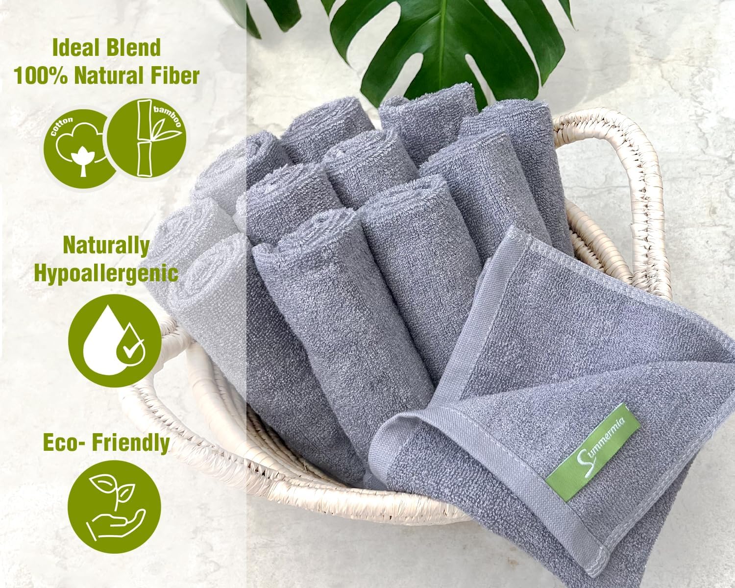 12-Piece Washcloth Set - Bamboo Cotton Blend 13x13 for Adults Kids