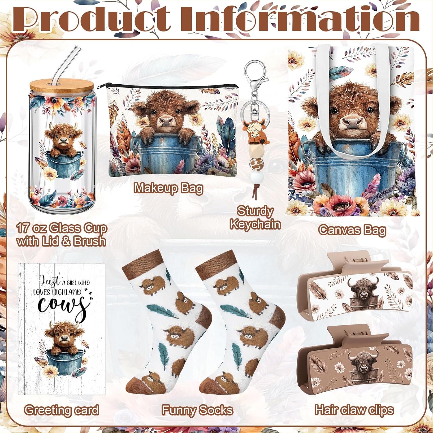 Skylety 8 Pcs Western Highland Cow Gifts Set for Women