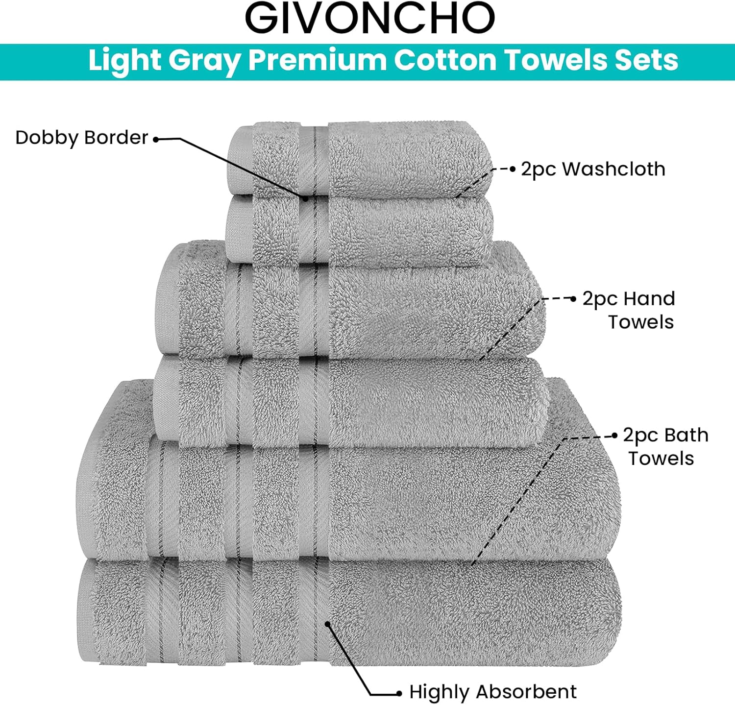 GIVONCHO Premium 6-Piece Turkey Cotton Towel Set
