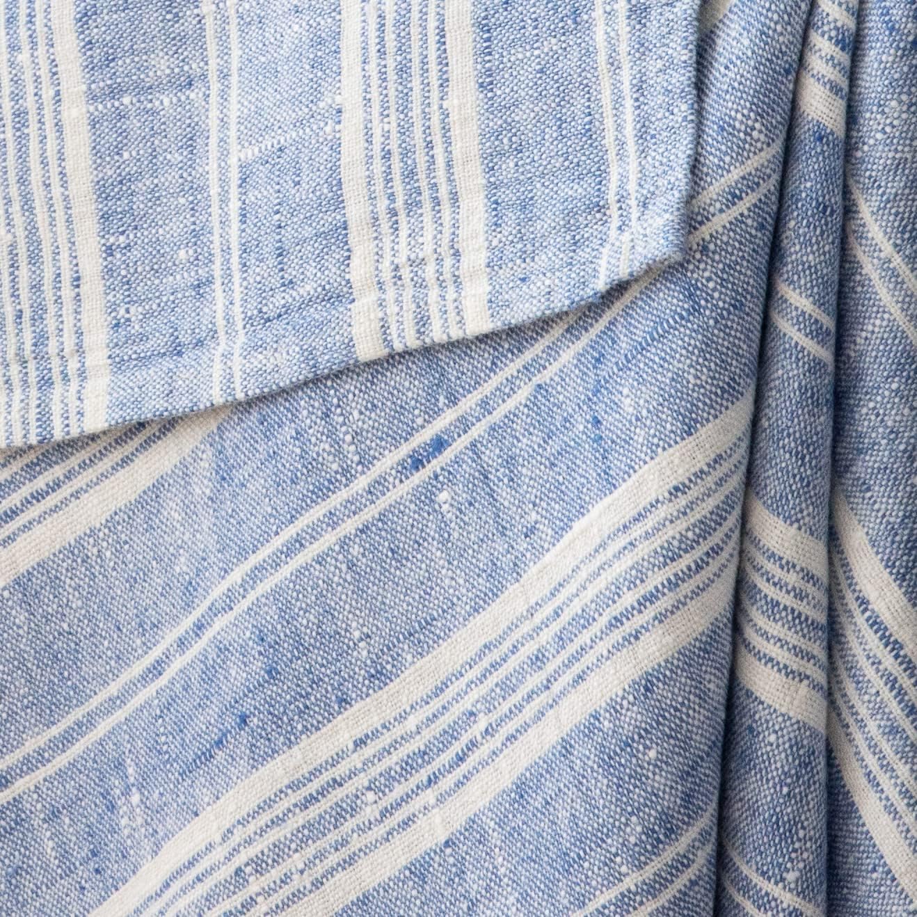Blue Linen Bath Towels Set Multistripe