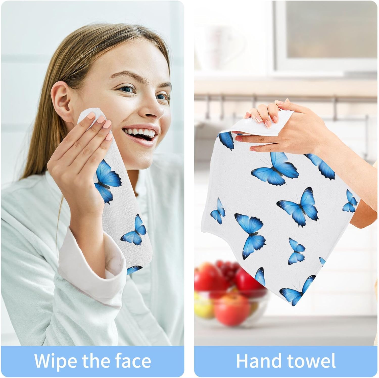 xigua Blue Butterflies Washcloths Set of 2 - 12x12 Inch