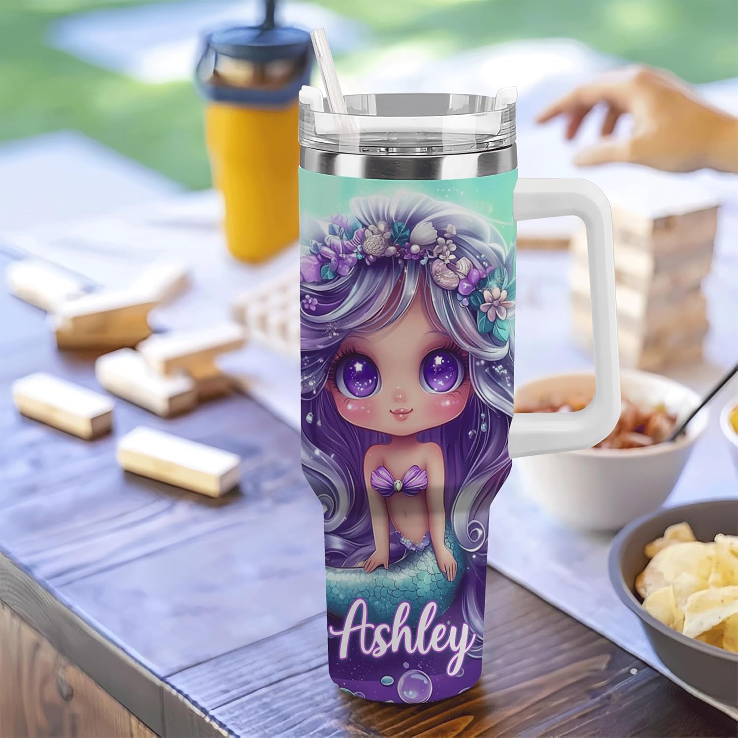 Personalized Mermaid Tumbler with Handle and Straw 40oz Premium Gift