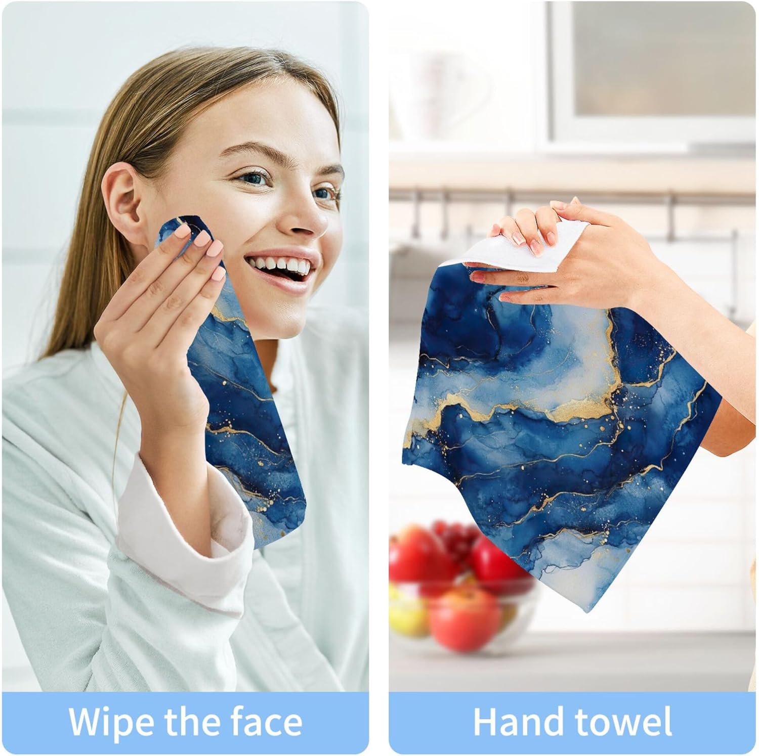 Xigua Blue and Gold Marble Washcloth Set - Fast Dry Multi-Purpose