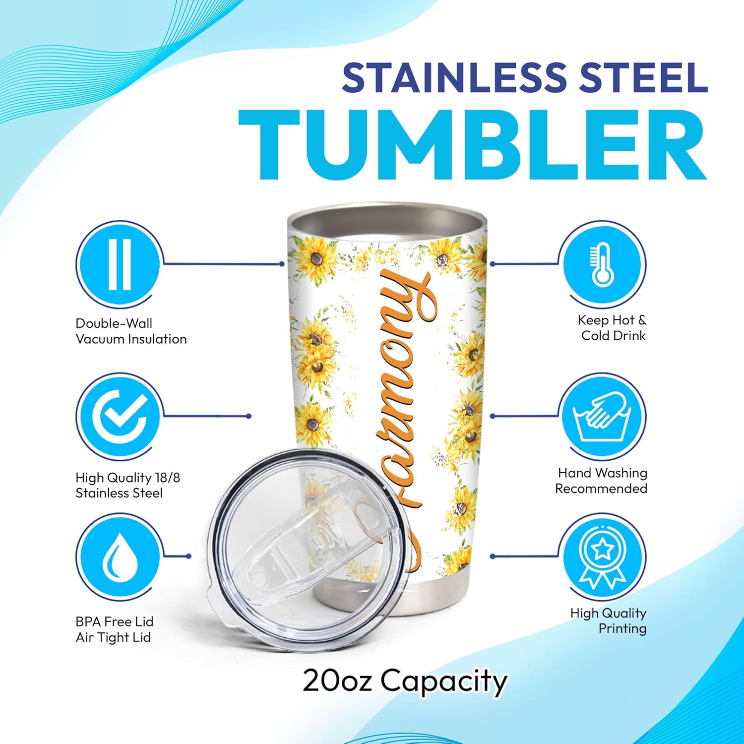 Hyturtle Customized Name Tumbler 20oz With Lid for Women