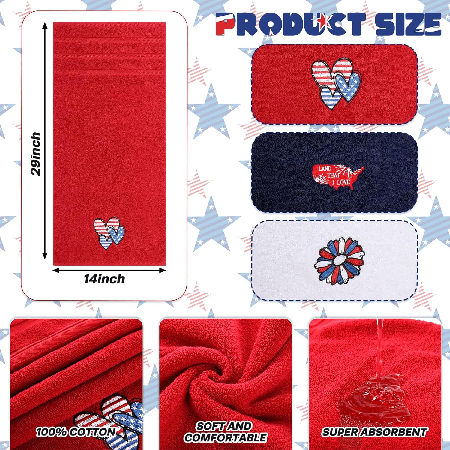 3 Pcs Patriotic Hand Towels 14x29 Independence Day Set