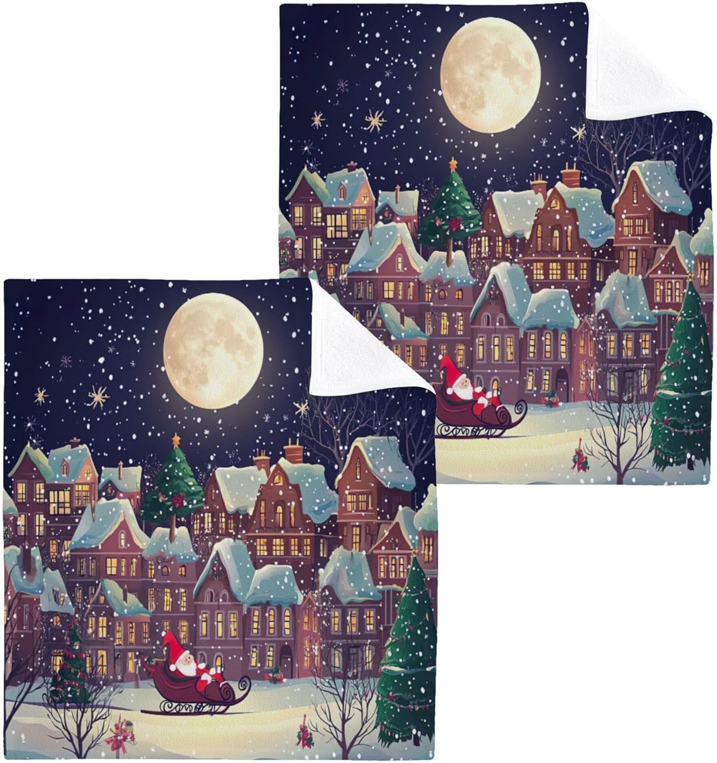Christmas Night Scene Washcloth Set of 2-12 - Fast Drying 12x12 Inch Towels