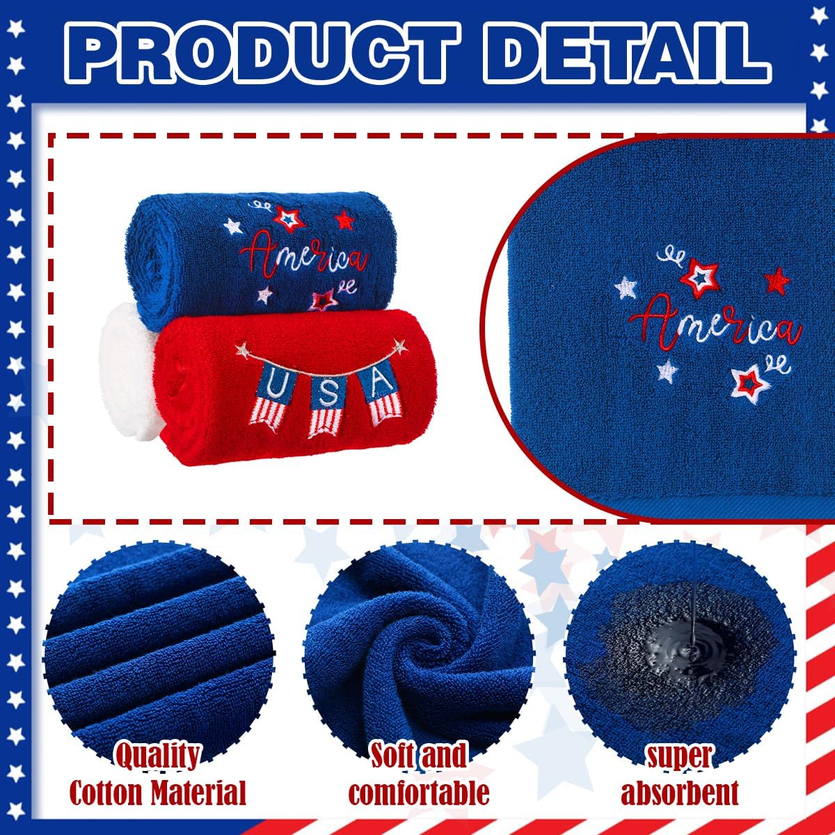 3 Pcs Patriotic 4th of July Hand Towels Red White Blue