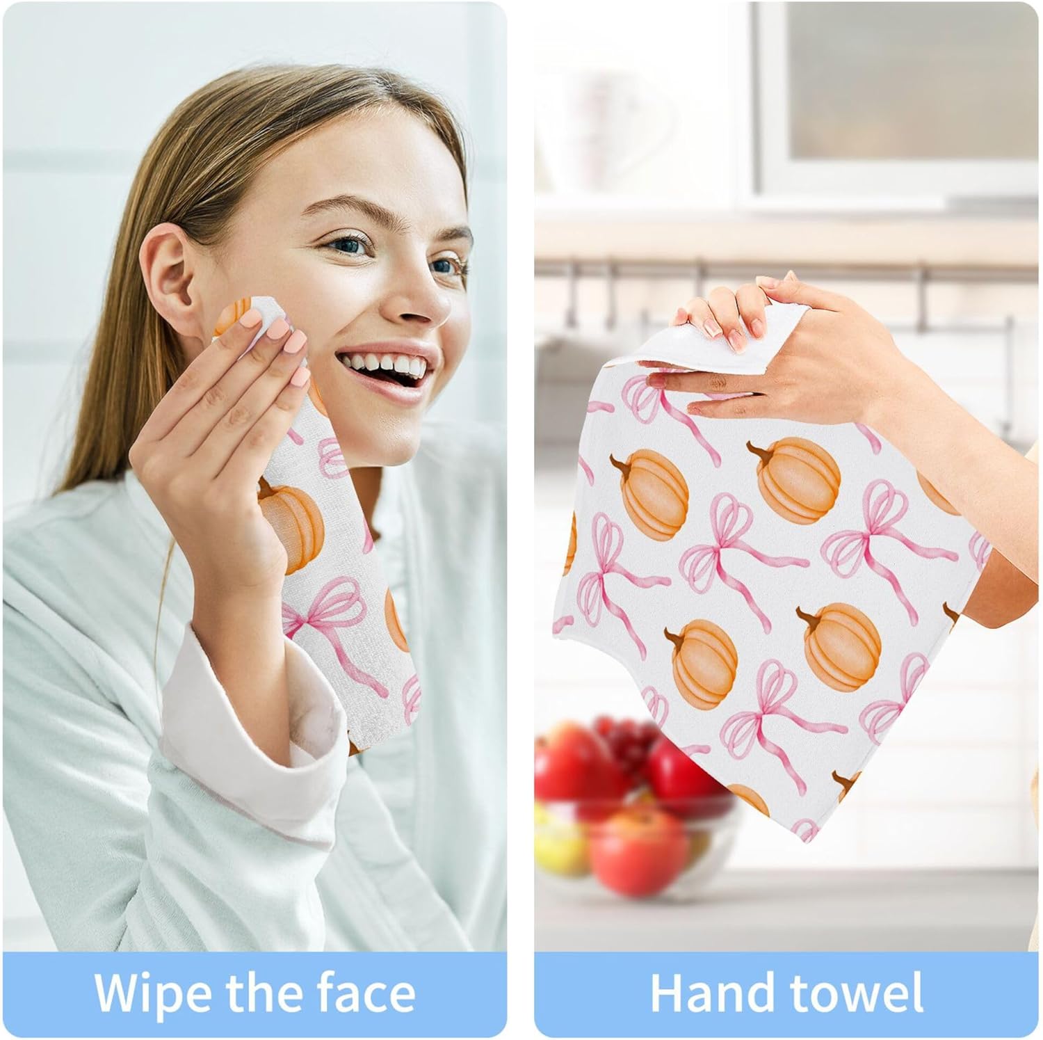 Xigua Pumpkin Cute Bow Washcloths Set of 2 12 x 12 Inch