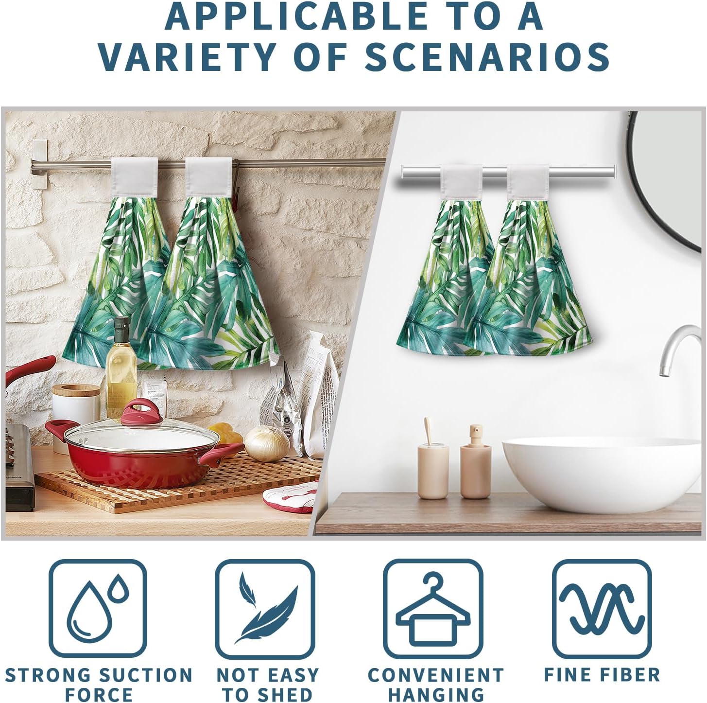 2-Piece Tropical Palm Leaves Towels with Hanging Loop Summer Green Dish Towels