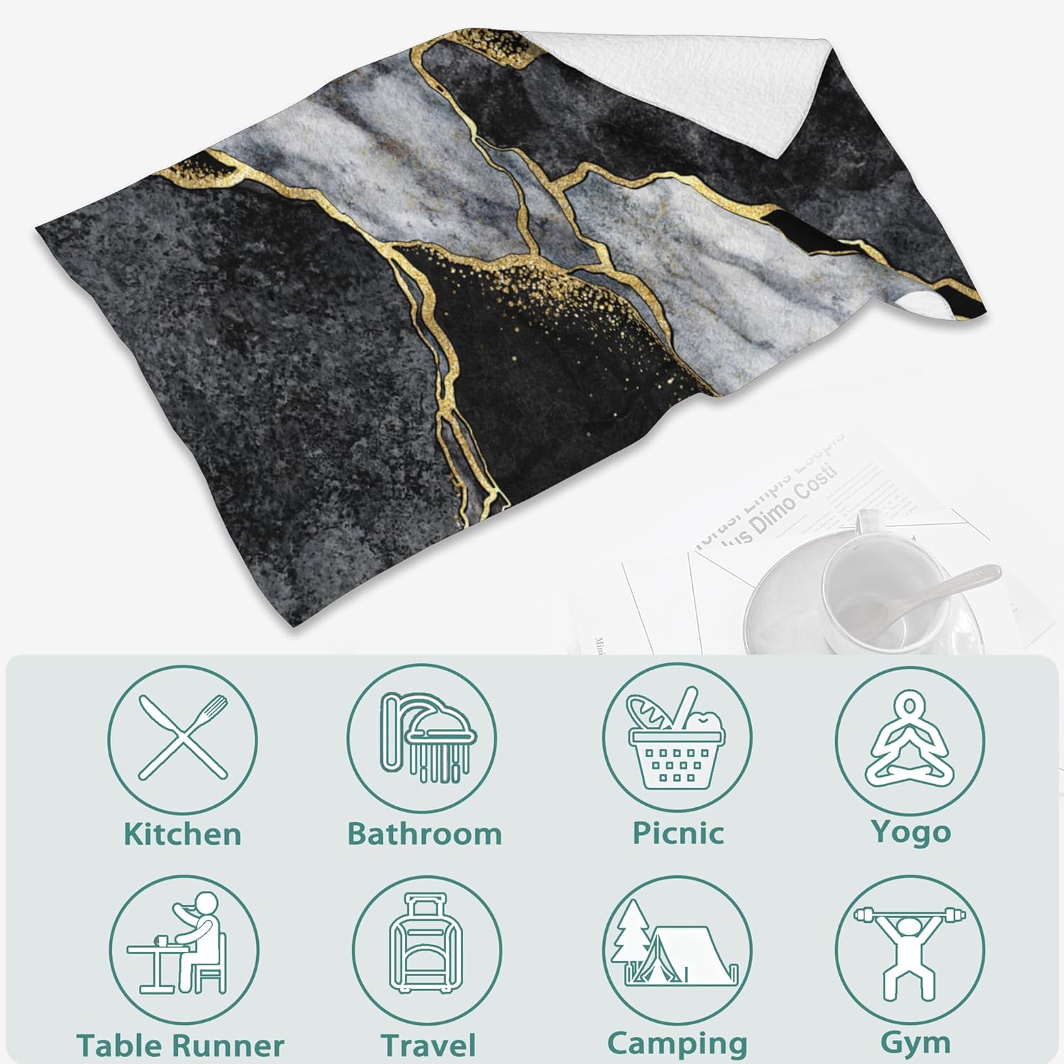 14x28 Hand Towel Set Black and White Marble Fingertip