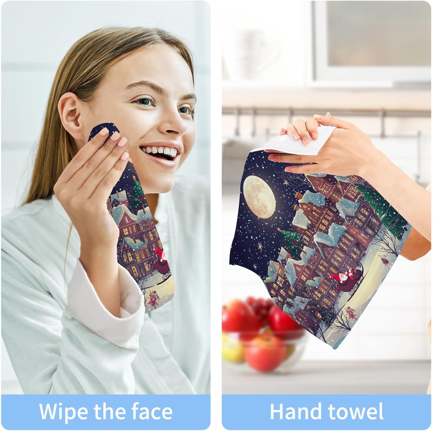 Christmas Night Scene Washcloth Set of 2-12 - Fast Drying 12x12 Inch Towels