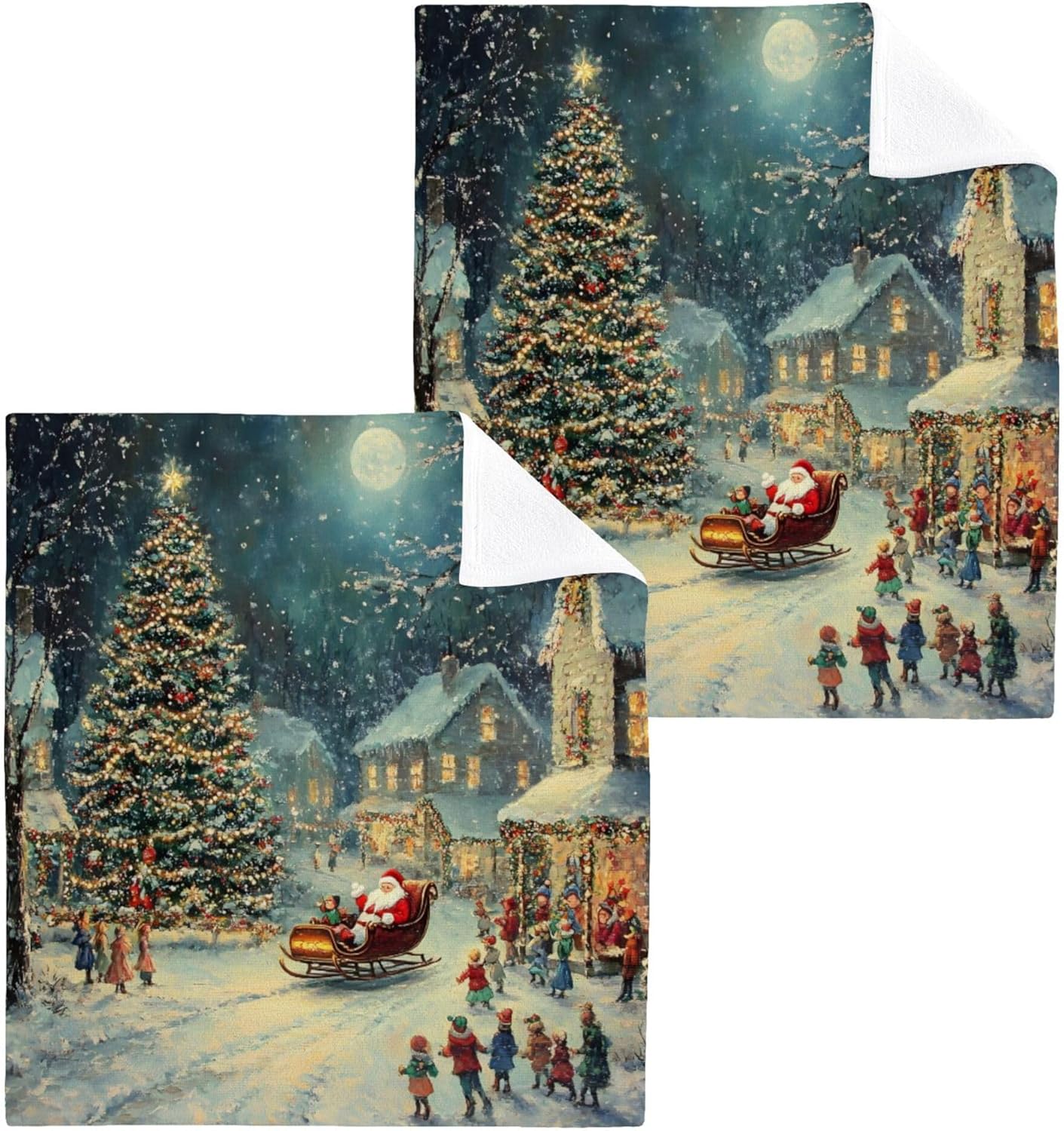 Xigua Christmas Night Scene Washcloths Set of 2 - 12x12 Inch