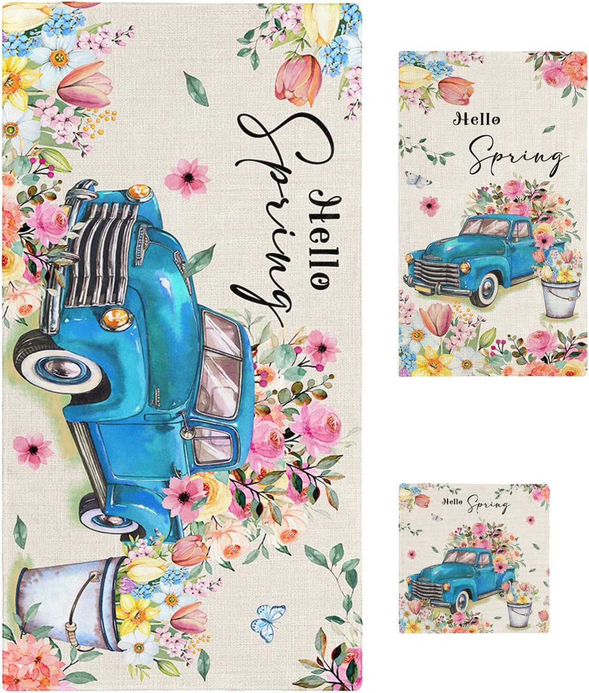 3-Piece Floral Blue Truck bath towel set