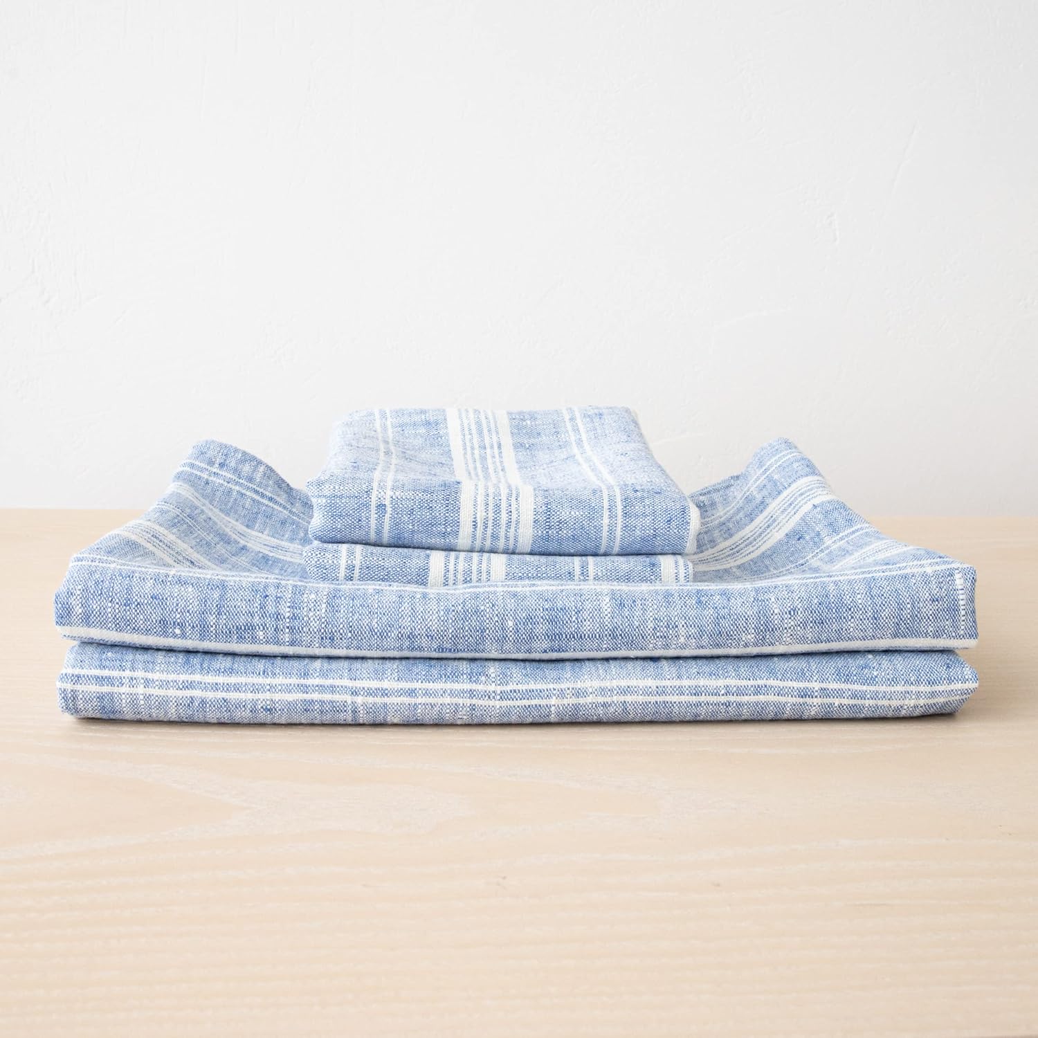 Blue Linen Bath Towels Set Multistripe