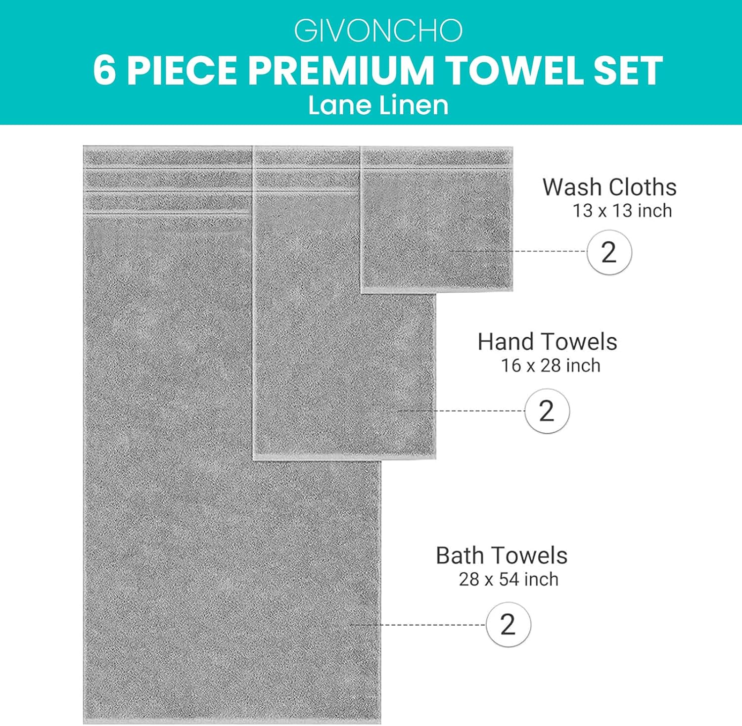 GIVONCHO Premium 6-Piece Turkey Cotton Towel Set