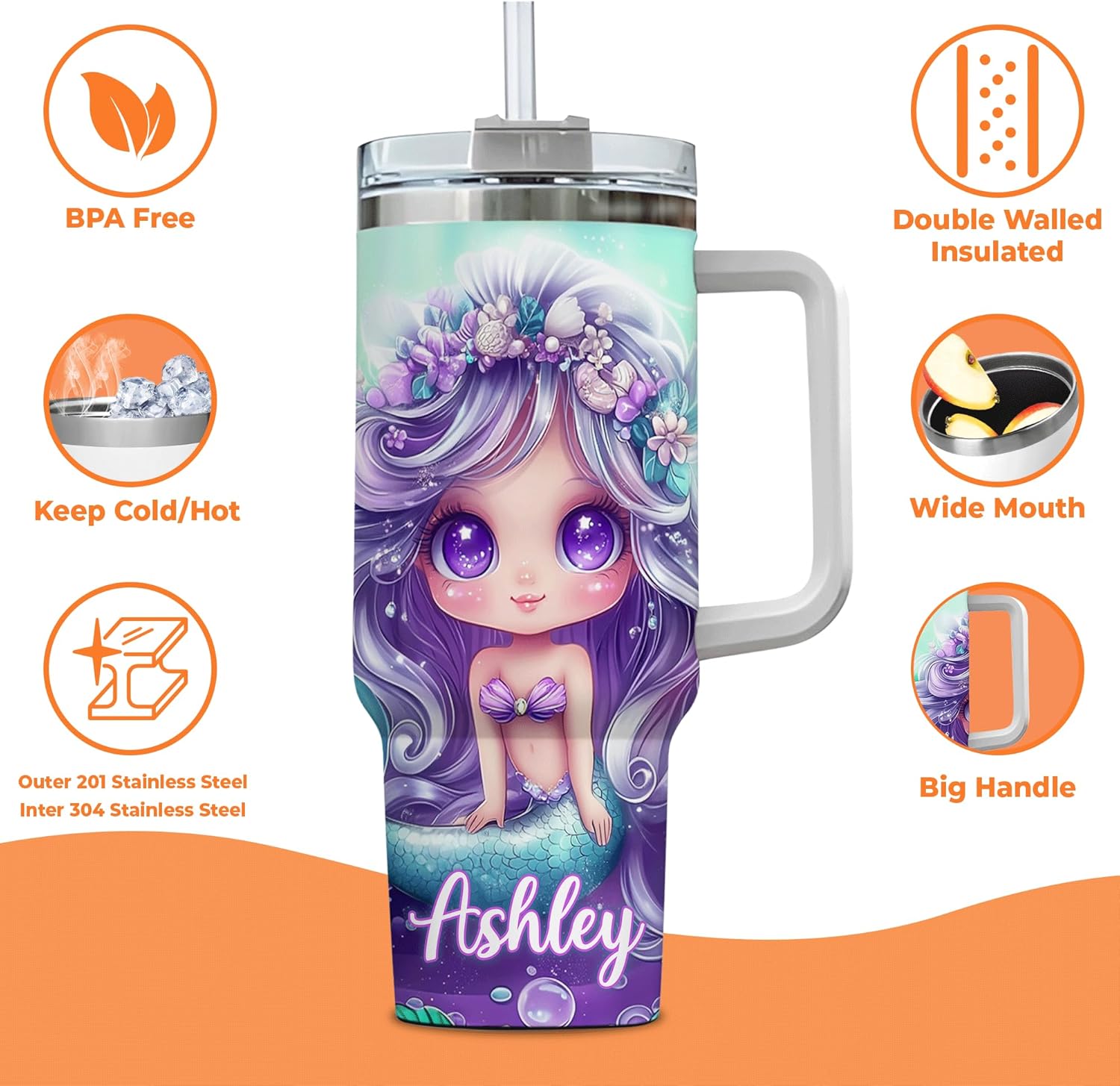 Personalized Mermaid Tumbler with Handle and Straw 40oz Premium Gift
