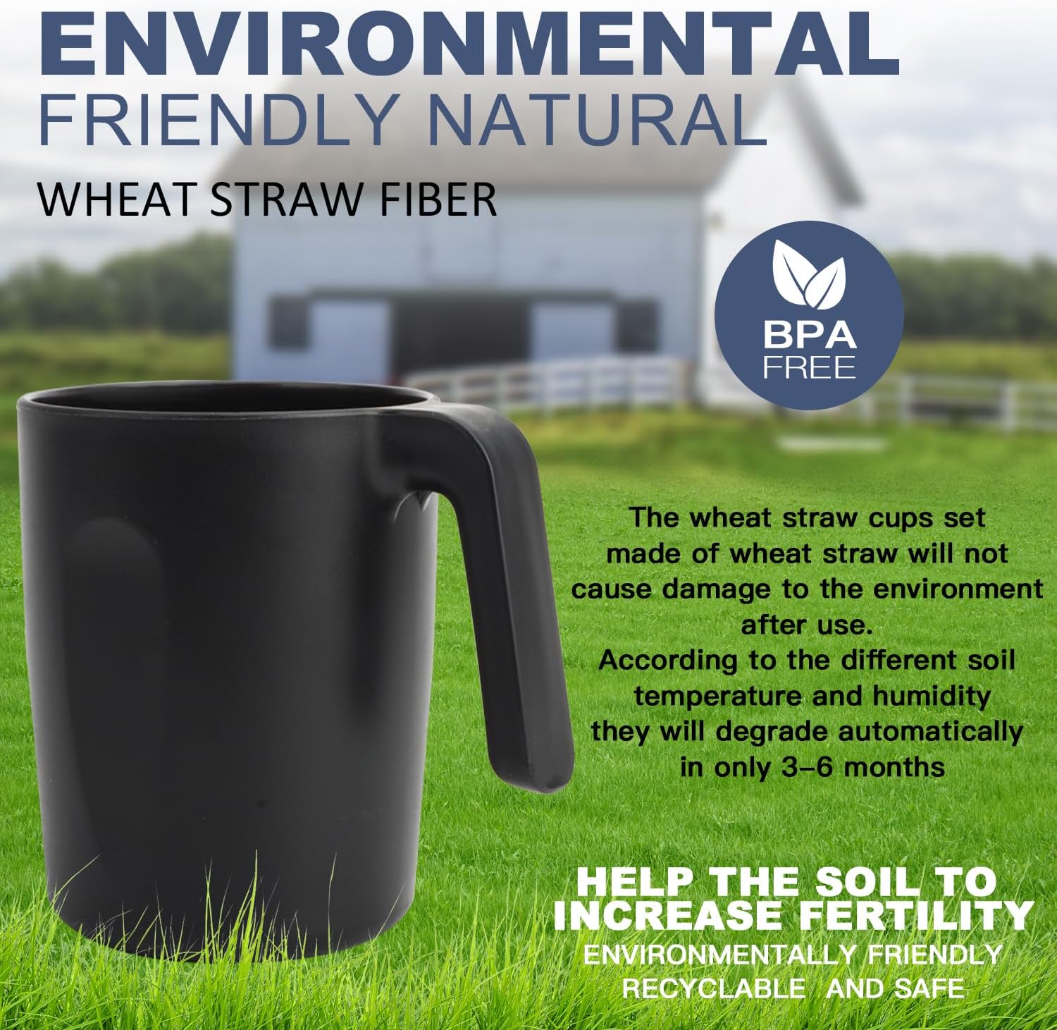 Homienly 6-Piece Reusable Wheat Straw Cups with Handle Black