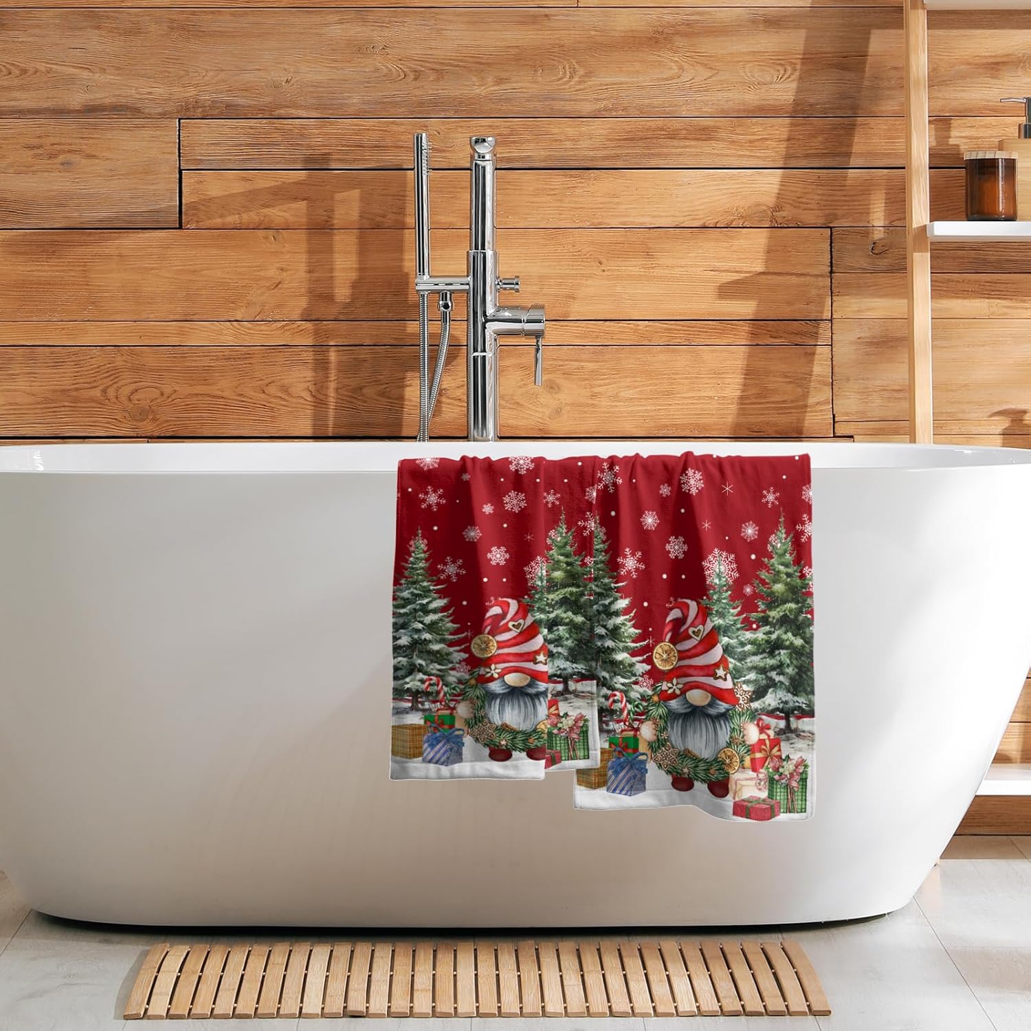 Red Christmas Gnome Hand Towel Set of 2 Winter Snowflake Towel 1