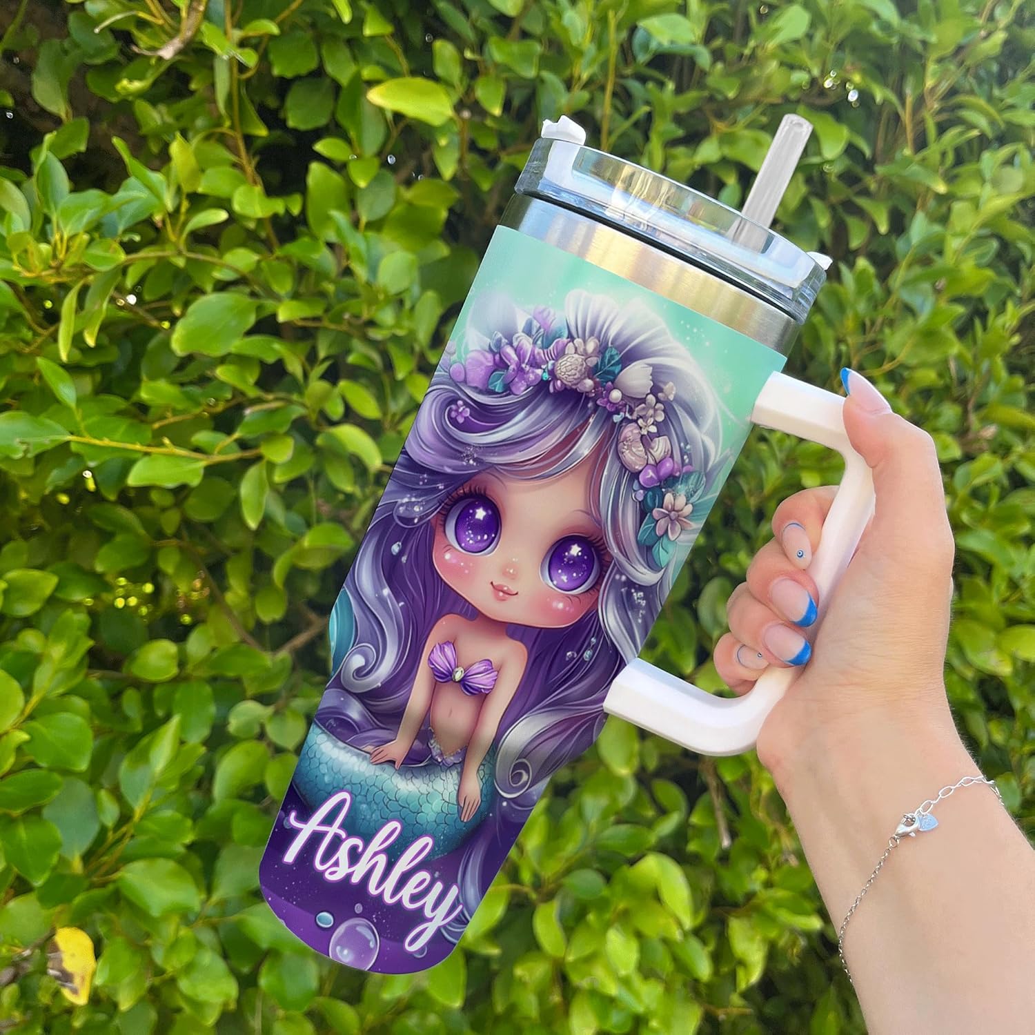 Personalized Mermaid Tumbler with Handle and Straw 40oz Premium Gift