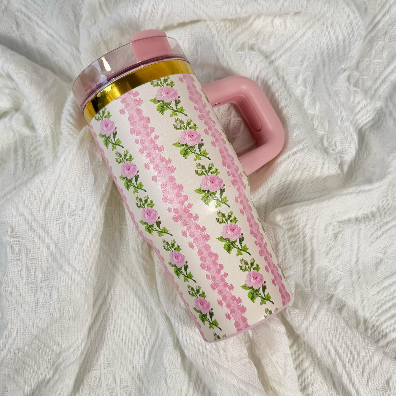 14 oz Toddler Tumbler with Handle and Straw - Pink Flower Design
