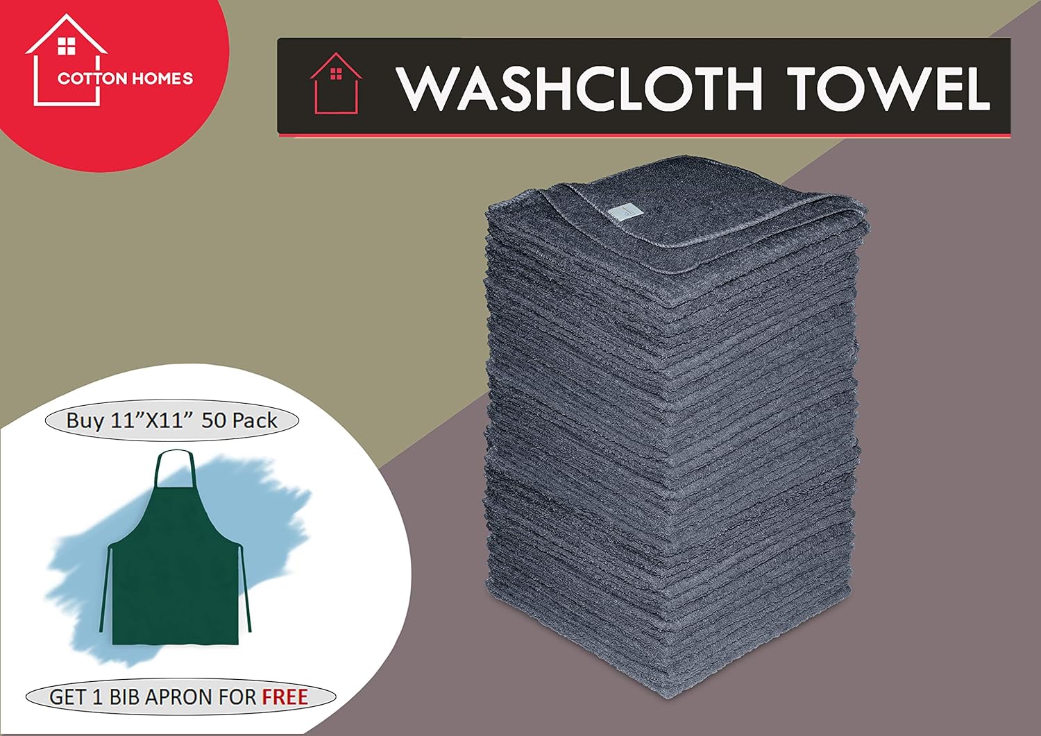 100 Cotton Washcloth Set 50 Pack 11x11 Grey with Free Apron