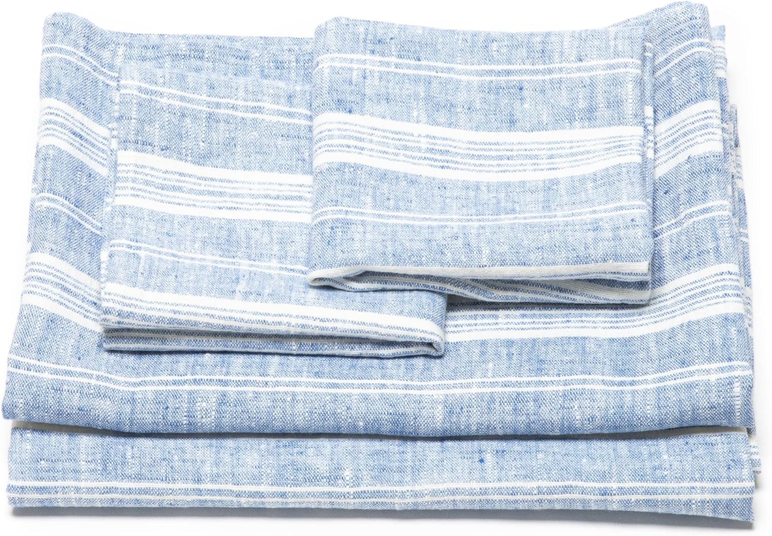 Blue Linen Bath Towels Set Multistripe