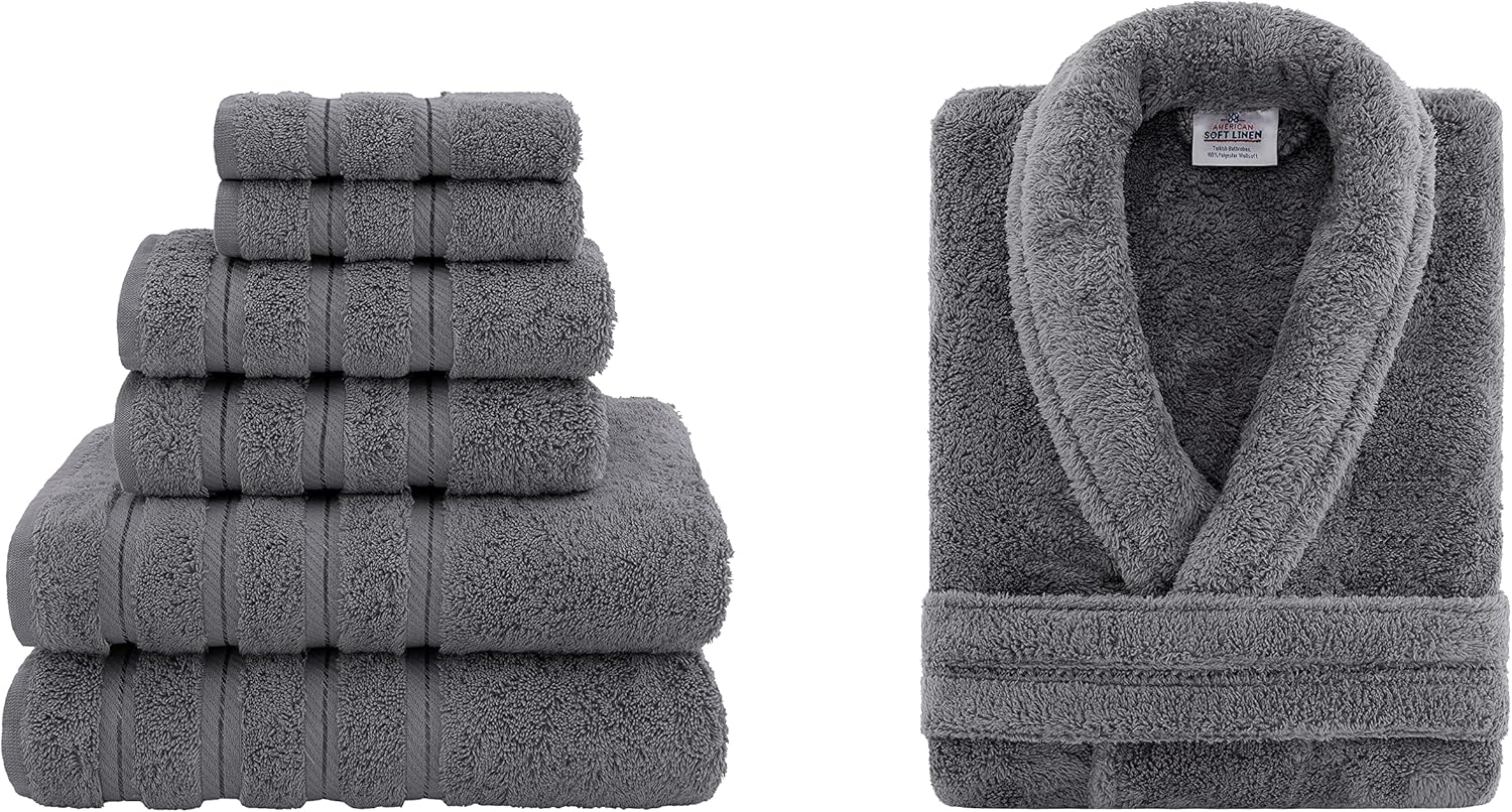 American Soft Linen MediumLarge Unisex Robe 6-Piece Towel Set Bundle Boho Vibes