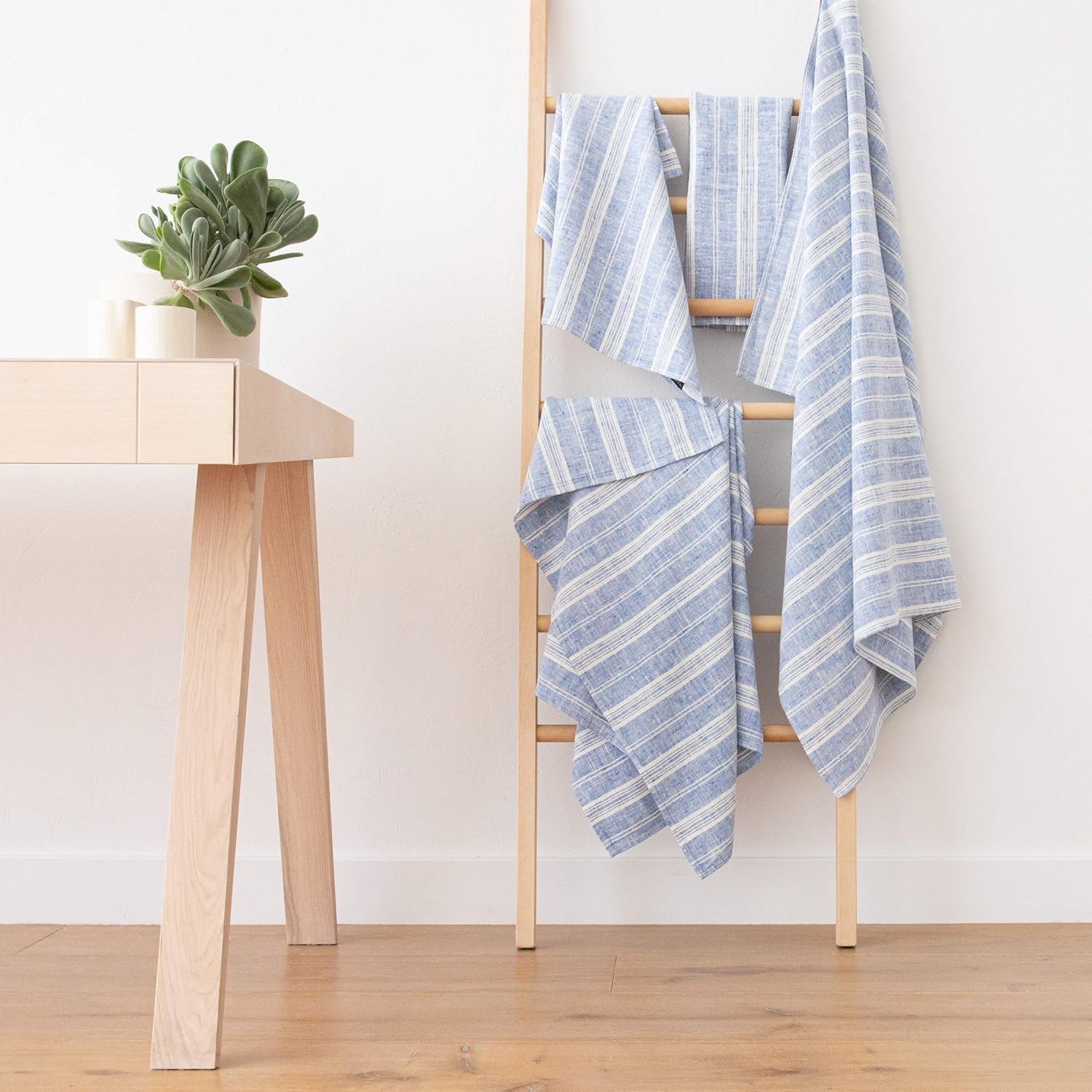 Blue Linen Bath Towels Set Multistripe