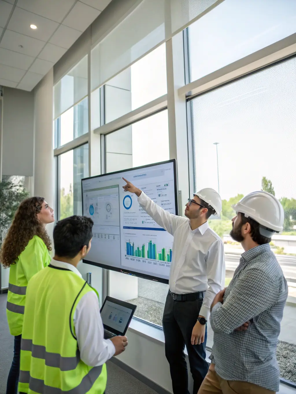 A diverse team of engineers and sustainability experts collaborating on a carbon neutrality project, using advanced software and data analysis tools.