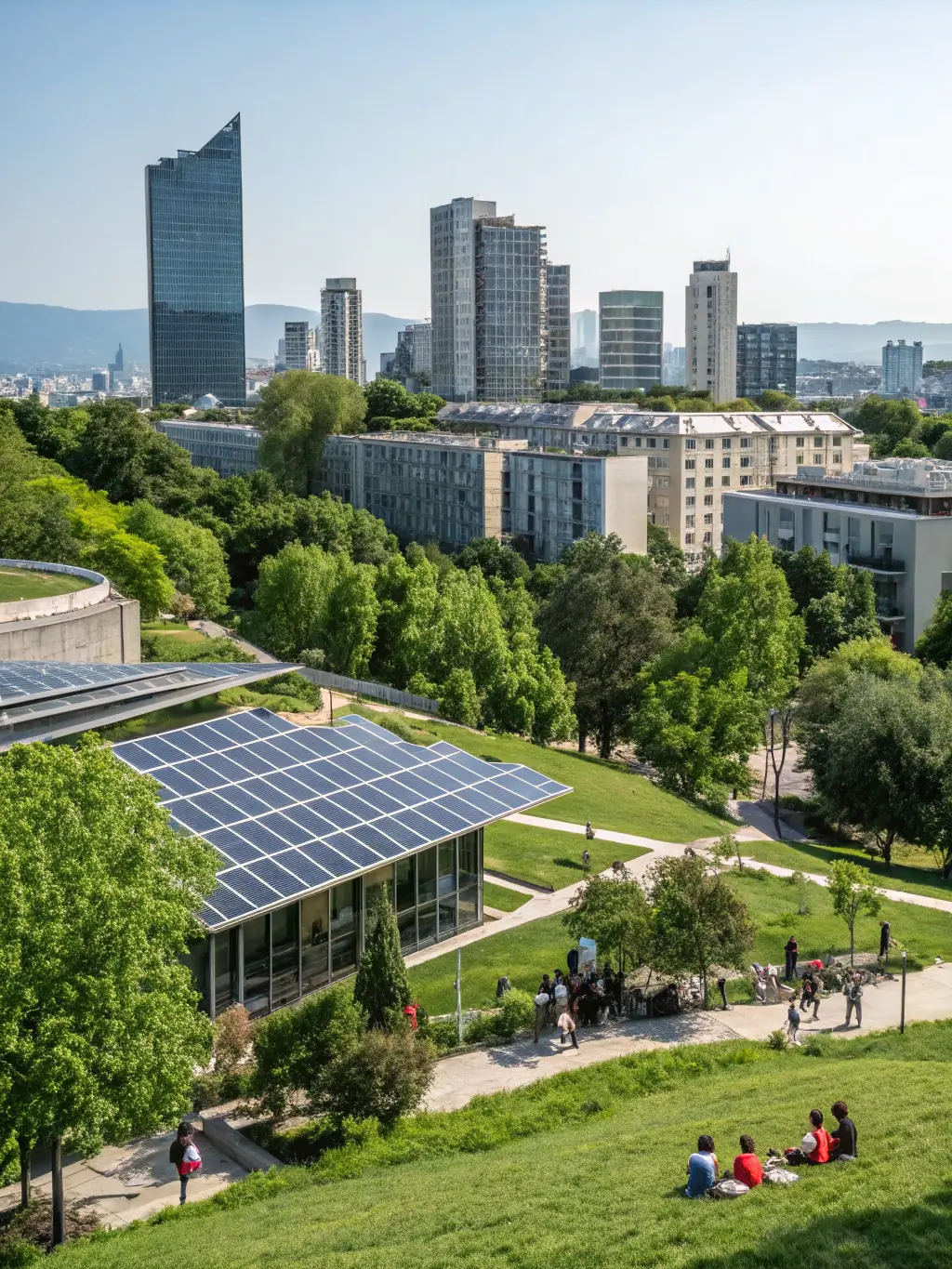 An aerial view of a modern, eco-friendly city powered by renewable energy sources, showcasing solar panels and wind turbines seamlessly integrated into the urban landscape.